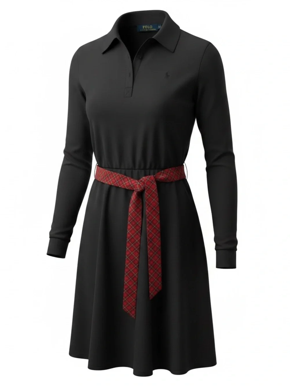 Ralph Lauren Black Long-Sleeve Polo Dress with Red Waist Tie NWT Size 12/14